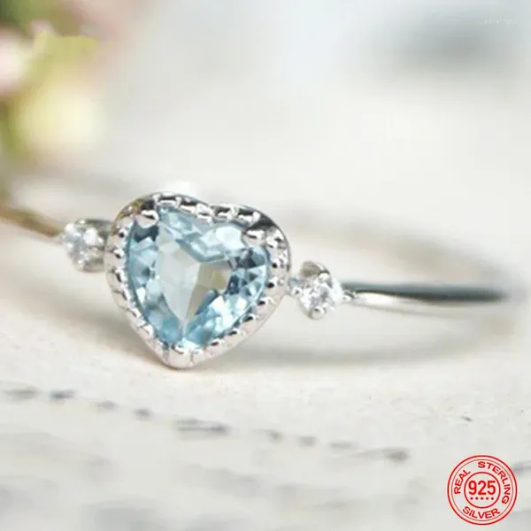 Ringos de cluster 925 Sterling Silver Charm Heart Heart Aquamarine Ring for Women Fashion Engagement Jewelry Party Gift