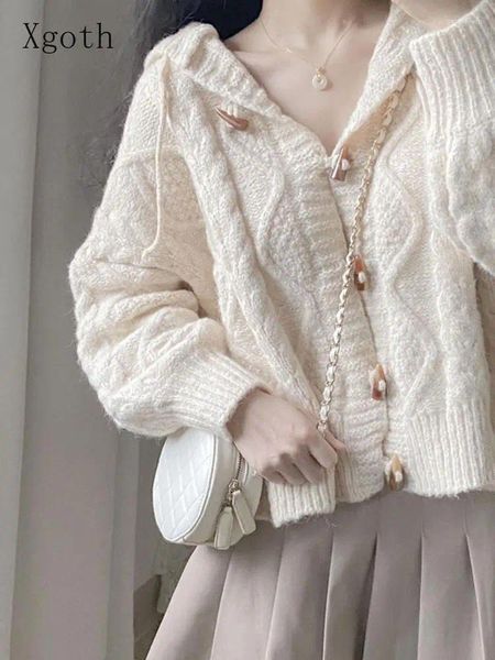 Malhas femininas primavera e outono-botão de chifre com capuz malha casaco de suéter mulheres soltas externas top top gentil gentis mole estilo branco cardigan branco