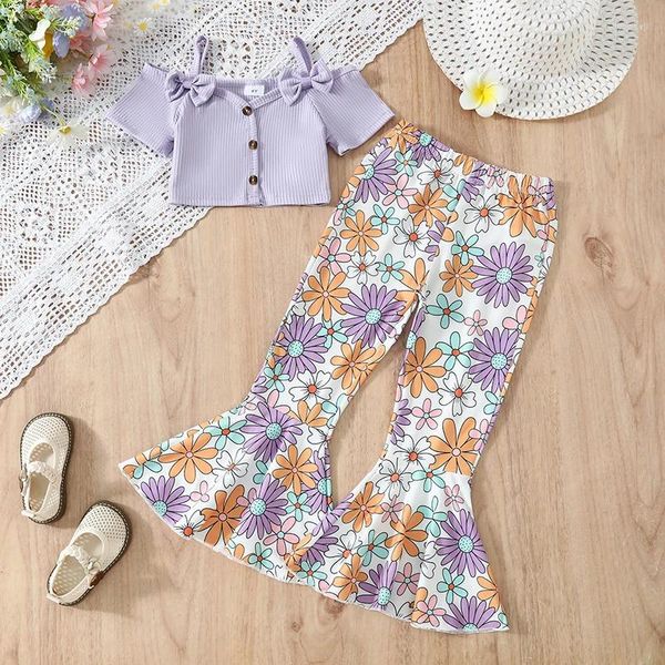 Kleidungssets 4-7 Jahre kleines Mädchen Hosen Set Kurzarm kalte Schulter-Ernte mit Blumenmuster Flare 2 PCs Sommermädchen-Outfit