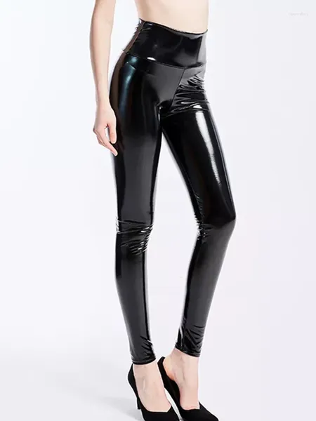 Kadın Tayt Kadın Siyah Şarap Donanması İnce Seksi Bel Yüksek Bel Elastik Pu Deri Skinny Pantolon Parlak Islak Görünüm Metalli