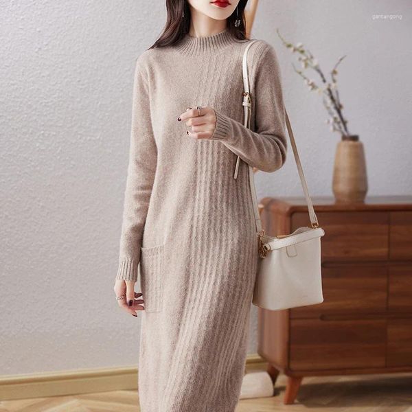 Vestidos casuais vestido de roupa íntima de inverno beliarst 2024 Moda de suéter de altura do pescoço feminino Top de lã Merino Long