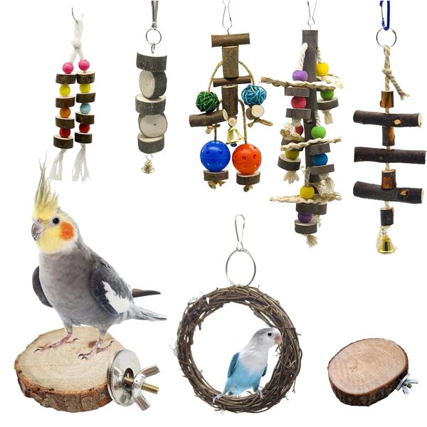 Lieferungen 7 Stcs Lovebird Kauspielzeug natürliches Holz kauen Spielzeug Papageien Käfige Vogelkäfig -Bettwäsche für kleine tierische Papageienspielzeug für Outdoor