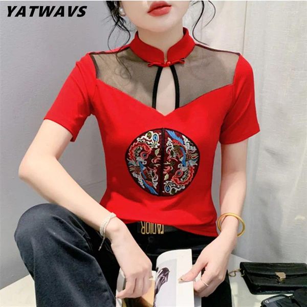 Magliette da donna Summer Cotton T-shirts Girls Short Short Vintage Stand Cinese Collar Tops Slim Tops Shirt Women Women Floral ricamato magliette