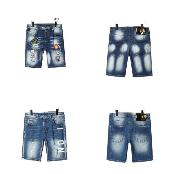 Мужские короткие джинсы прямые отверстия с тугими джинсовыми брюками повседневное голубое лето в стиле Италия Джинсы Джинсы Дизайнерские джинсы мужская вышивка в гиппопе стройная уличная одежда.