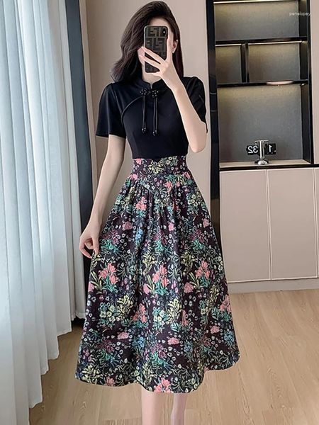 Abiti casual 2024 Black Patchwork Floral Long Dress Women Vintage Luxury Party Evening Summer Elegante Bodycon Elegant Bodycon