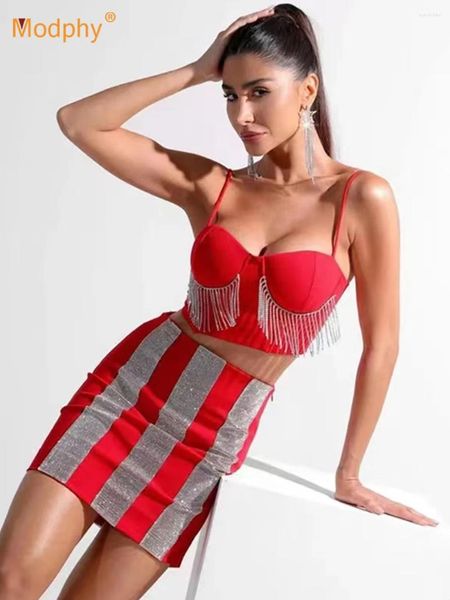 Vestidos de trabalho Modphy Mulheres de 2 peças Conjunto Sexy Diamond Tassel Top Bodycon Bandage Skiot Sets Suits Lady Red Corsage Two