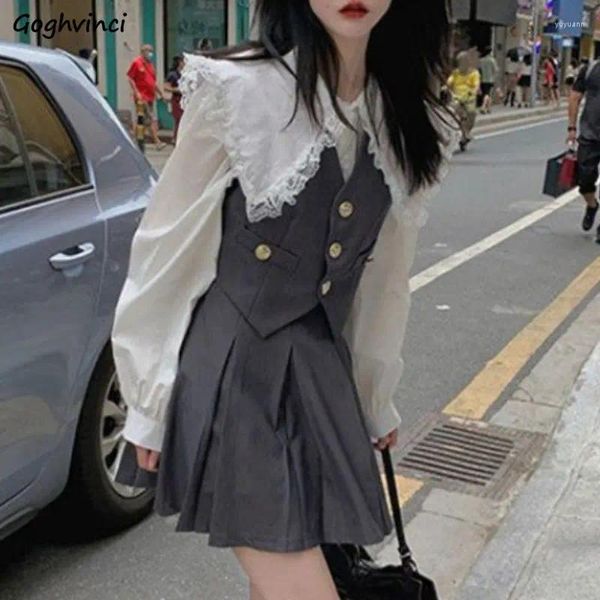 Vestidos de trabalho conjuntos de estilo formal feminino Spring coletes vintage camisetas de manga bafada de mini saias doces garotas chiques de roupas elegantes