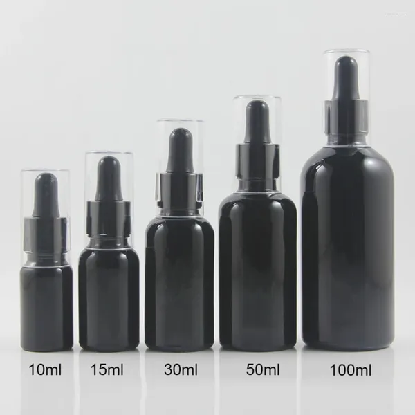 Garrafas de armazenamento viajam 10 ml mini garrafa de óleo de vidro preto/gotas de preto fosco com tampa transparente 100pcs