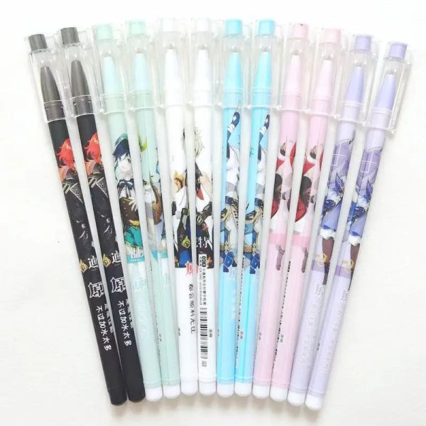 Ручки Геншин Impact Anime Black Gel Pen 12pcs/Box Kawaii канцелярские товары канцелярские товары Управление по образованию ручки ручка