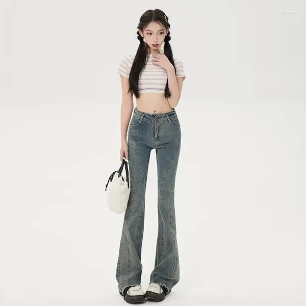 Jeans femminile piccolo micro retrò americano svasato per le donne con un senso di nicchia di nicchia alta e sottile versatile pantaloni da pavimento versatile