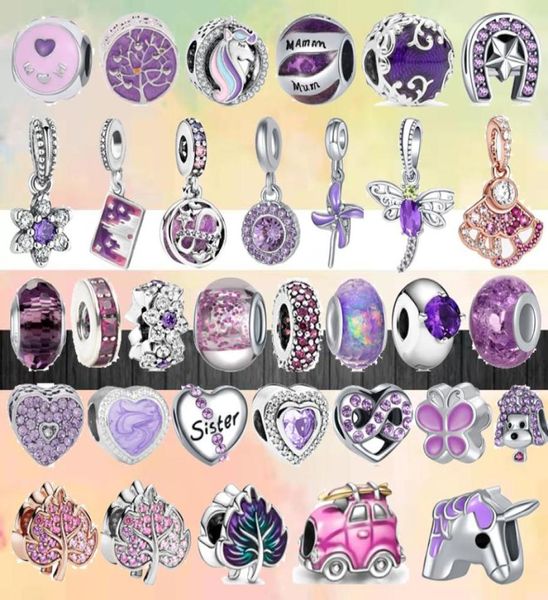 925 Sterling Silver Dangle Charm Nuova serie Purple Serie Purple Sister Butterfly Dog Leaf Unicorn perline per perline Accessori per gioielli fai -da -te Bracciale Bracciale 9850371