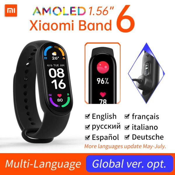 Pulseiras xiaomi mi banda 6 versão global CN Bracelet Smart Bracelet de 1,56 polegada AMOLED AMOLED SPO2 Freqüência cardíaca Rastreador de fitness Miband6