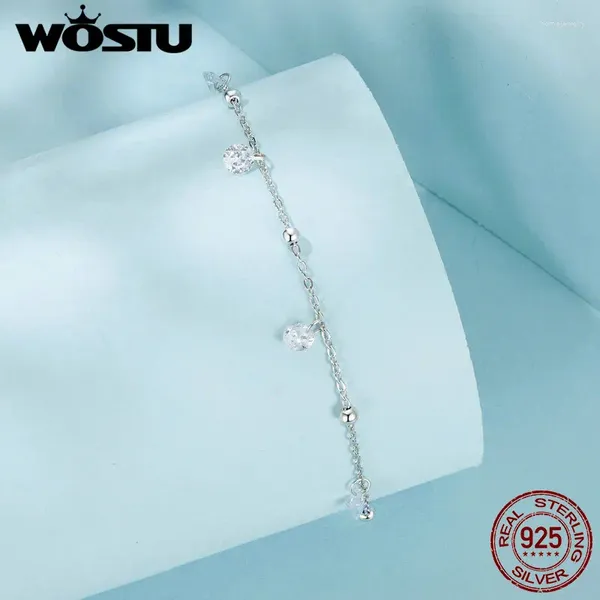 Fußkettchen Wostu 925 Sterling Silber Blendling Zirkon Knöchel Weiß vergoldet dünne Kette Verstellbar für Frauen Feine Schmuckparty tägliches Geschenk