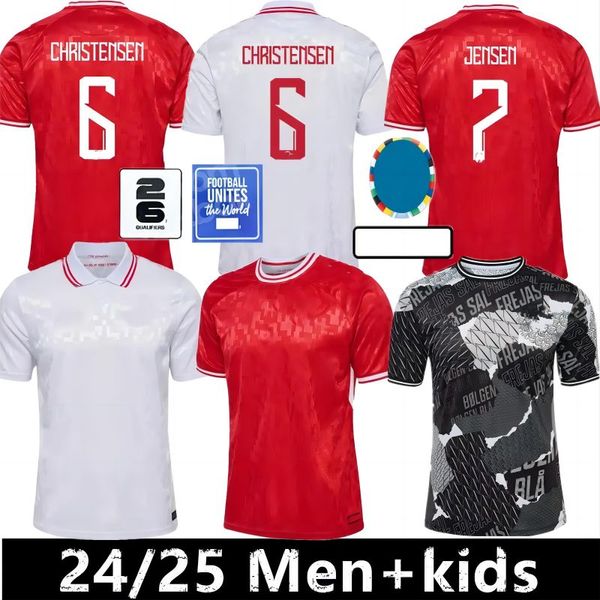 24 25 crianças Kit de futebol da Dinamarca Chicharito Euro 2024 Camisetas Kit Infantil Kit Nacional Casa e Away Futebol Kit Christensen Jensen T-shirt