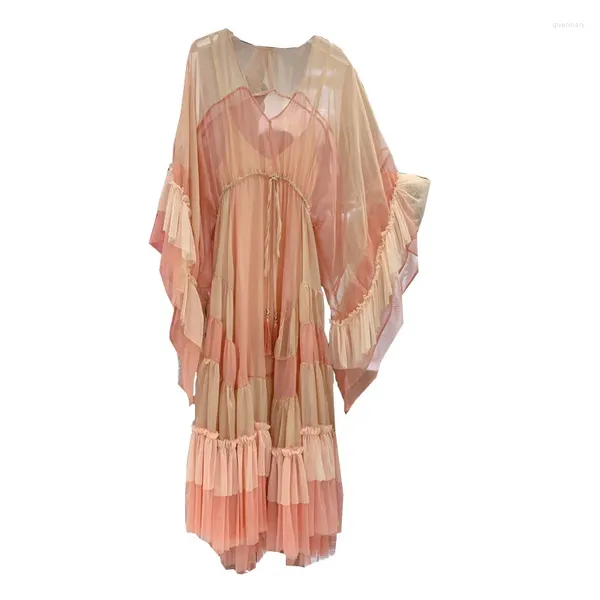 Abiti casual Donne Domande vestiti asimmetrici manica a battuta di pipistrello in chiffon di chiffon commestibile sexy rosa long 2024