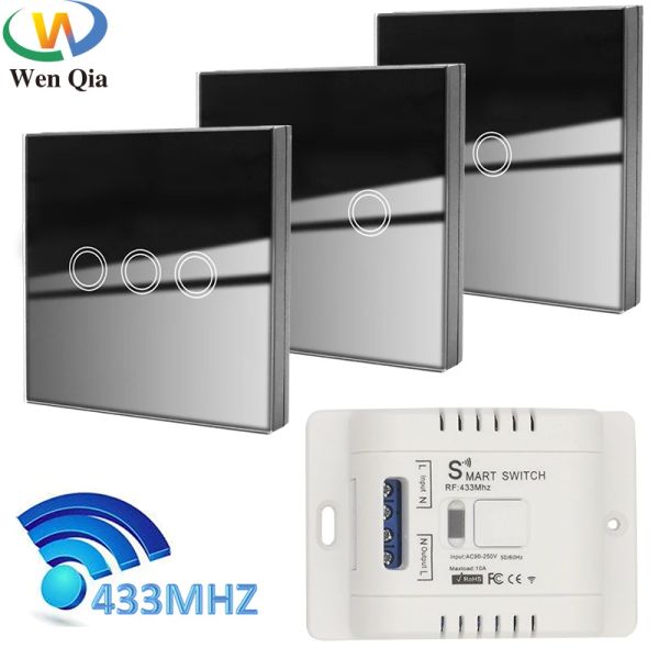 Controle wenqia smart home toque botão interruptor sem fio 433MHz Controlador remoto painéis de parede de vidro leve AC 110V 220V Lâmpada de lâmpada de receptor