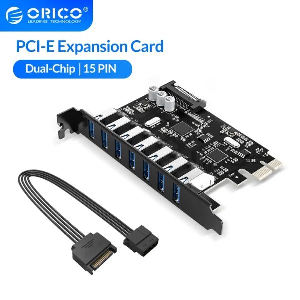 Cards Orico Super Speed 7 Port USB 3.0 PCIE Express Adaptador PCIE USB 3.0 Hub com 15pin SATA Power Connector PCIE Adapt for PC