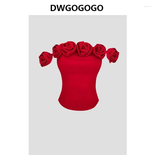 Damen T-Shirts Mode sexy von Schulter 3D Rose T-Shirts 2024 Frühlingsschleiche Fit Tops Frauen y2k süßes T-Shirt Crop Top Top