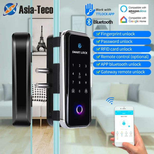 Controllo app TTLOCK Smart Bluetooth Fingerprint Blocco in legno Porta incorniciata in vetro senza cornice in vetro senza cornice 13.56 Sblocca telecomando WiFi Gateway personalizzato