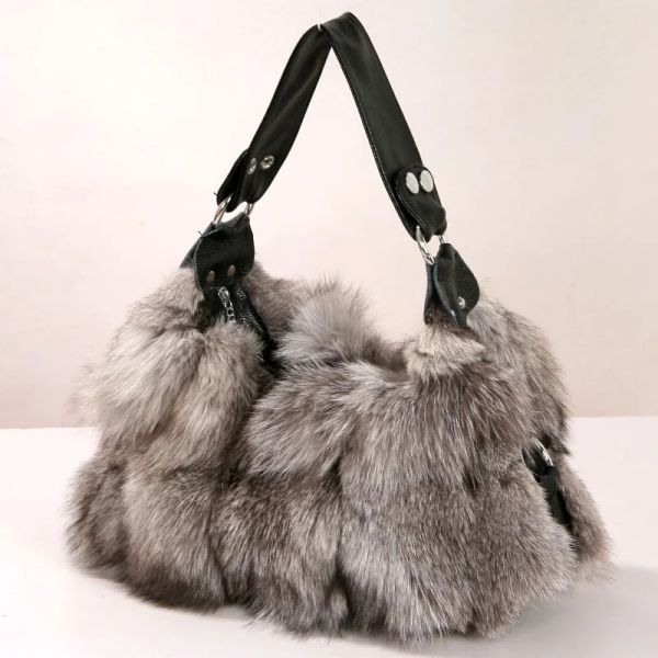 Bolsas de inverno bolsa de peles de raposa feminina bolsa de pele bolsa de pele bolsa bolsa bolsa de ombro feminino real prata raposa de peles mensageiro bolsas