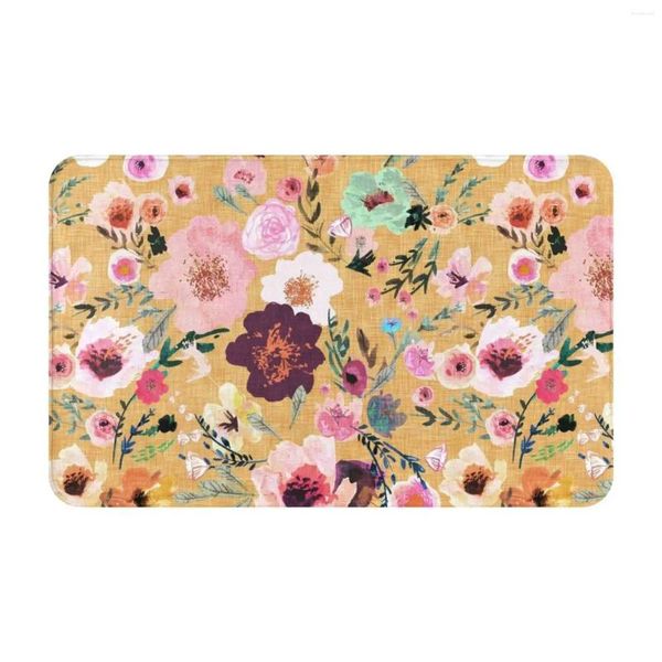 Tapetes explodir em Bloom (mostarda dourada) tapete de tapete de tapete caseiro boho bohemian Blossom Nature Garden Vintage Floral