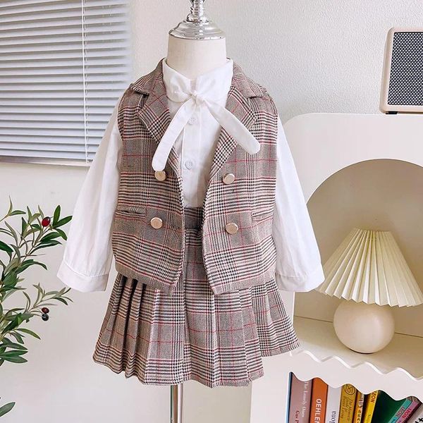 Kleidungssets 2024 Infant Kids Girls School Anzug Kleidung 3pcs Plaid bedruckte Single Breauzed Weste Massive Hemden Ein Linienrock 2-7y