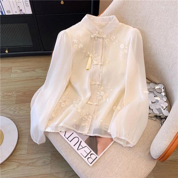 Blouses feminina estilo disco chinês fivela de chiffon camisa feminina no início da primavera 2024 Temperamento Top de saia de cavalo de mangas compridas de alta qualidade