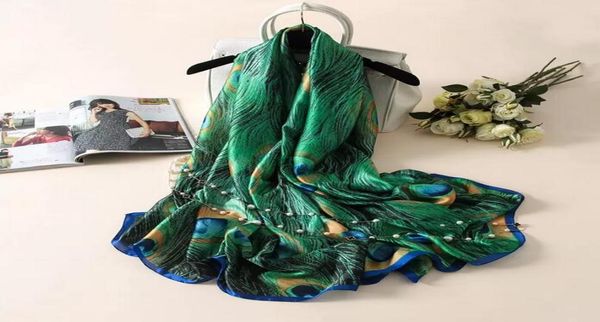 Spring Autumn Designer Silk Senves Lenves Women Women Digital Print Green Peacock Feathers Shawls Hijab Fouard 180cm2935924