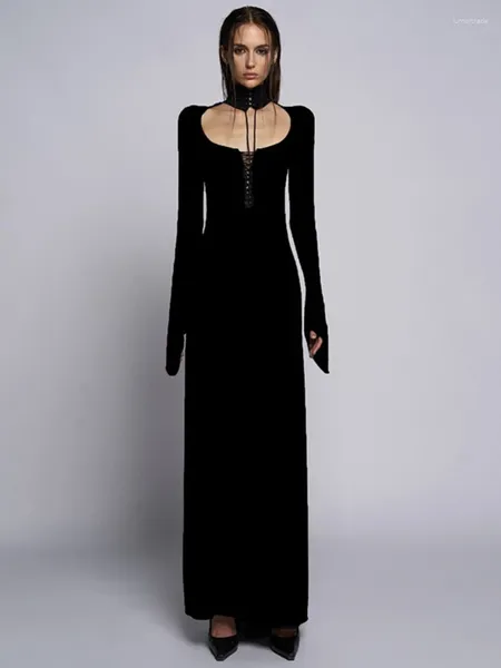 Lässige Kleider Frau Kleidung hohl aus Verband Langes Partykleid weibliche elegante schicke Schnür-up hohe Taille schlanker fit fester schwarzer Abend