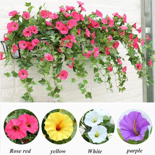 Flores decorativas Fake Silk Morning Glory Artificial Flower Vine Planta pendurada Planta em casa Garland para festa de casamento Decoração de jardim