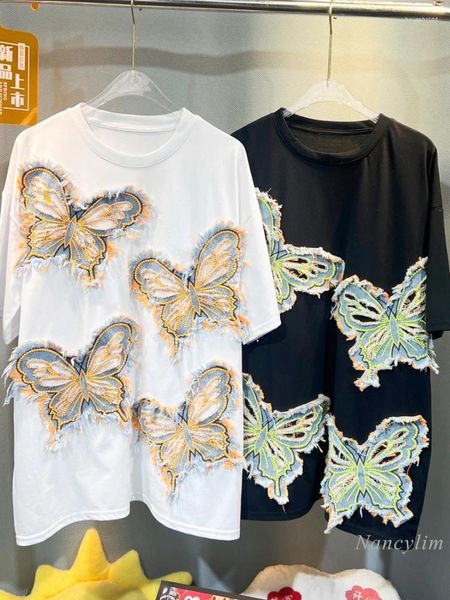 Frauen T-Shirts 2024 Denim Butterfly Sticked T-Shirt Lose mittelgroß