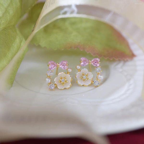 Orecchini per borchie 14K Gioielli in oro placcati fiori fiori rosa zircone bowknot per donna piccolo orecchini semplici quotidiani