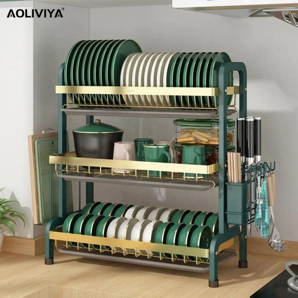 Armazenamento de cozinha sh aoliviya multifuncional rack de prato verde ouro verde de três camadas de mesa organizador de mesa