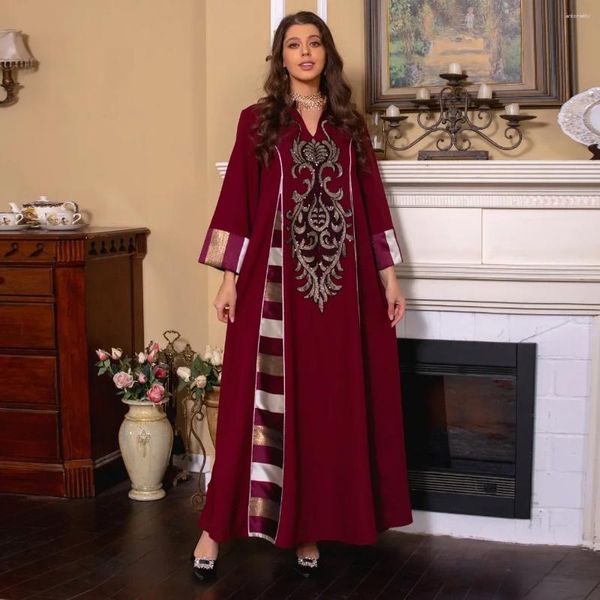 Abbigliamento etnico Patchwork Stripe Women Dress Grovidery Party Dubai Abaya Turchia Islam Arabia Abiti da sera lunghi sequestra