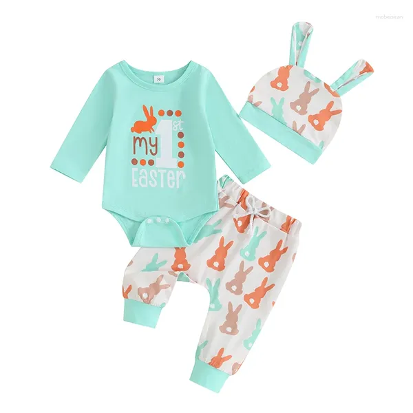 Kleidungssets Pudcoco Infant geborener Mädchen Jungen 3PCS Osteroutfits Langarmdrucken Strampler Hosen Hut Set 0-18m