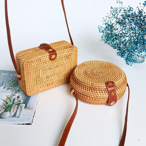 Omuz Çantaları Vietnamca Rattan Çanta Çilek Kovası Sert Dokuma Retro Kadınlar Tek Küçük Yuvarlak Kare