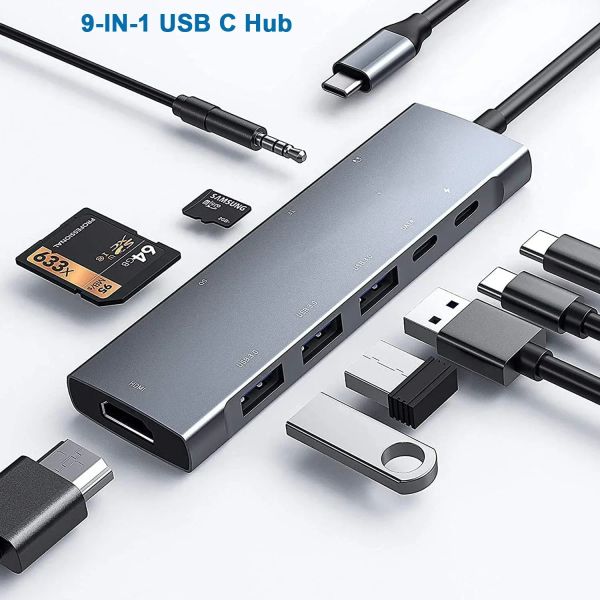 Hubs USB C Adaptador de cubo com 4K HDMI 100W PD USBC 3 USBA TF/SD 3,5mm Audio Thunderbolt 3 USBC Hub para iPad Pro MacBook Air/Pro, XPS