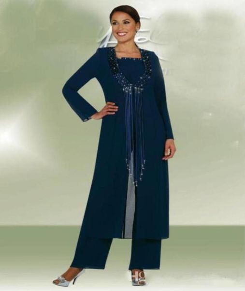 Neueste dunkle Navy 3 Stück Langjacke Mutter Braut Hosen Anzüge Frauen Party tragen Chiffon Bräutigam Mutter Hosen Suits Mode Sequin7103807