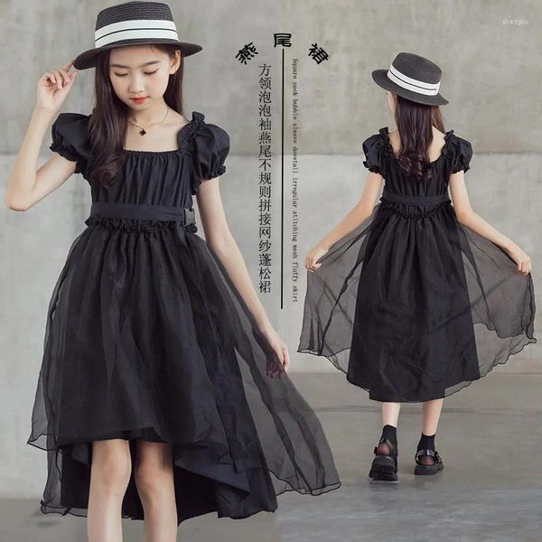 Kız Elbiseler Kızların Yaz Kısa Kollu Elbise 2024 Organze Kare Boyun Kabarcık Frocsk Katı Siyah Renk Yüksek Bel Smokin Etek Giysileri