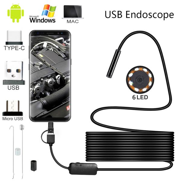 Kameralar 1/2/3.5/5/10m 6led USB Mini Endoskop Kamerası Esnek Sabit Kablo Snake Borescope Muayene Kamerası Android Akıllı Telefon PC için