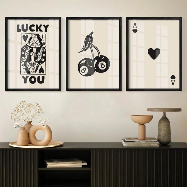 Панельный набор из 3 покерных стен Art Lucky You, модный ретро -печатный декор стены для Queen of Heart