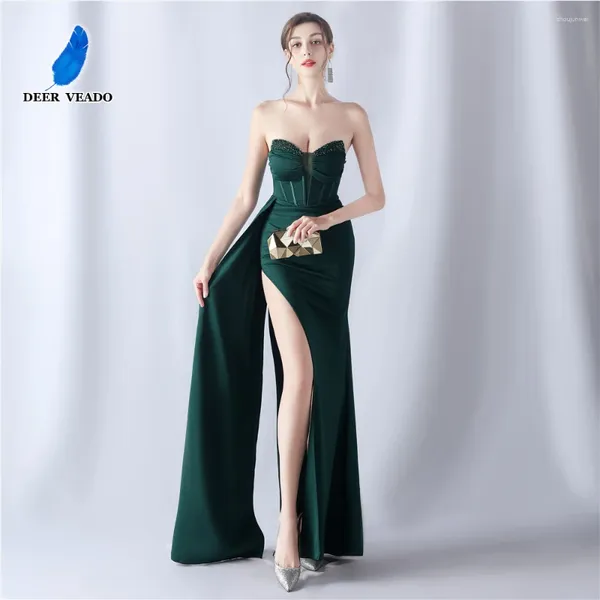 Vestidos de festa Deserveado Vestido de noite de luxo feminino com miçangas de sereia macia Slit Slit Prom Maxi Long Smainha formal