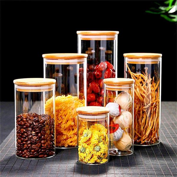 Garrafas de armazenamento jarro de vidro transparente com tampa de bambu alimentos lacrados alimentos de chá de café solto de café acessórios de cozinha