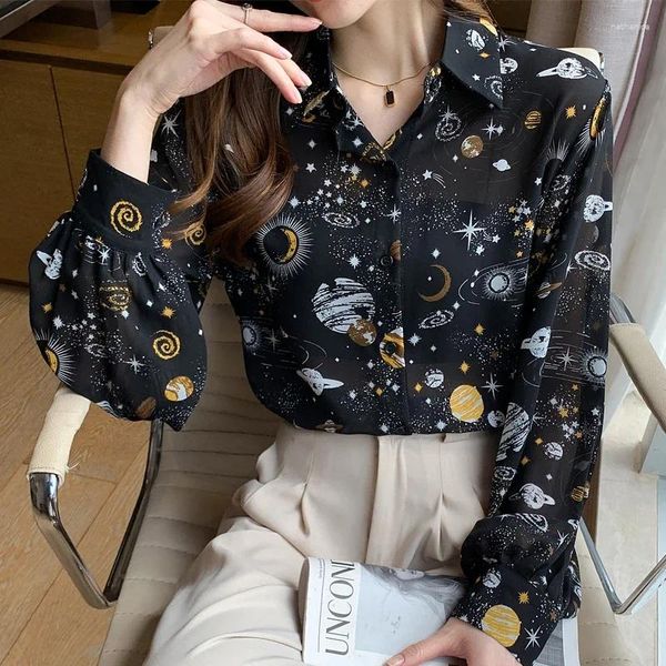 Frauenblusen Einfache elegante lose Frauen koreanische Chic Casual Print Vintage Shirts Office Wear Arbeit Tops Chiffon Bluse