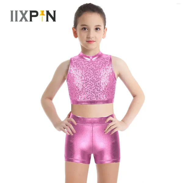 Stage Wear Girls Sparkly Pulins Tap Hip Hop Caz Dans Kostüm Balesi Dans Giyeri Kolsuz Kesim Metalik Dipler Setleri