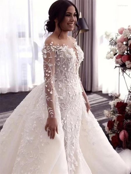 Abiti da festa sirena treno staccabile treno sexy abito da sposa illusione sposa a manica lunga matrimonio per donne con appliques di lusso