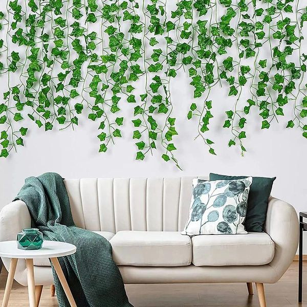 Flores decorativas 12pcs videiras falsas folhas de hera artificial Garland em 78 polegadas Garland para decoração de quarto estético seda estética