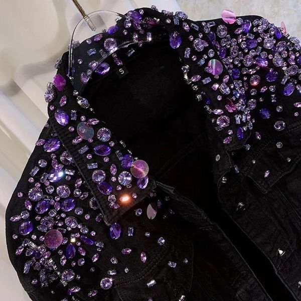 Kadın Ceketleri Kadın Mor Sapıklar Elmaslar Boncuklu Kot Ceket El Yapımı Rhinestones Kot Palto Kristal Kovboy Uzun Kollu Dış Giyim