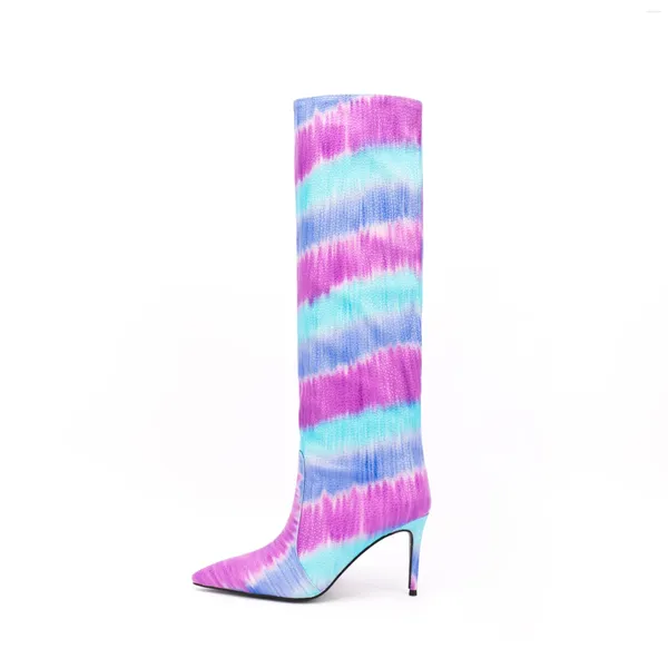 Stiefel Schlangendrucken Frauen Knie hohe Schuhe speicherte Zehen dünne Absätze gemischte Farbe Zapatos para mujere farbenfrohe Landebahn Moderne gemütliche Chaussures