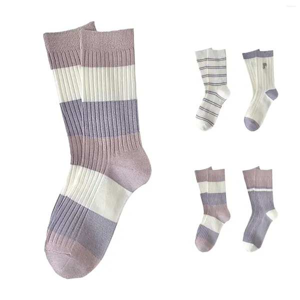 Frauen Socken Strümpfe Mode Strickstreifen Farben Spleißen Mid Calf Elasthohin Style College Wind Ladies Strumpf für 2024